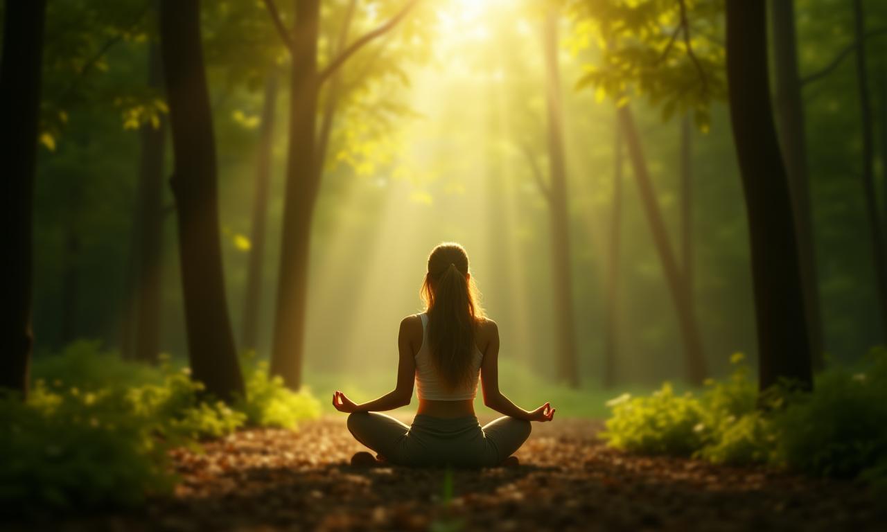 वन में ध्यान करती महिला, प्राकृतिक रोशनी